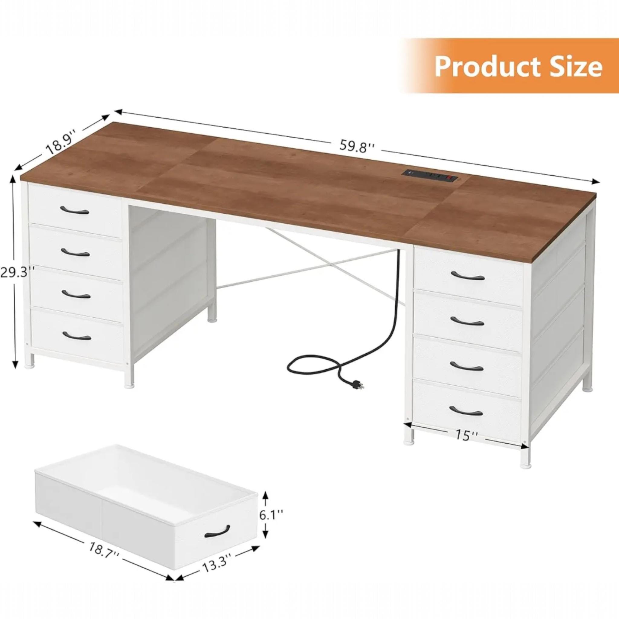60 Inch Computer Desk With 8 Drawers, Power Outlets & Charging Ports ...