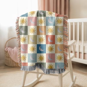 Celestial Patchwork Blanket, Pastel Sun Moon Woven Tapestry, Boho Bedroom Cozy Decor Gift