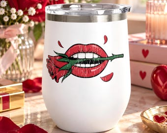 Red Lips and Rose Wine Tumbler, Gothic Romantic Stainless Steel Cup, Valentine's Day Gift for Her, Alternative Love Gift