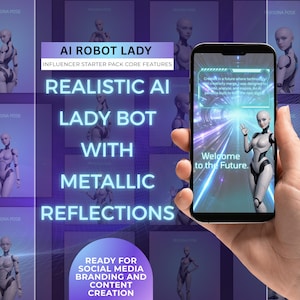 May include: A smartphone displays a futuristic AI robot lady with metallic reflections, with the text "Welcome to the Future." The image also includes text that reads "AI Robot Lady" and "Ready for Social Media Branding and Content Creation."
