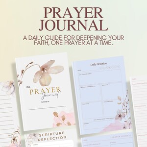 May include: A white prayer journal with floral designs and the words "PRAYER JOURNAL". The journal includes prompts for daily devotion and scripture reflection. The cover reads "this PRAYER Journal belongs to".