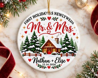 Personalized Newlywed Christmas Ornament, Mr and Mrs Cabin with Names and Wedding Date, First Holiday Keepsake Gift for Married Couples