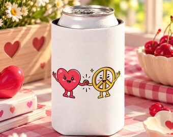Heart and Peace Sign Can Cooler, Cute Love and Peace Drink Sleeve, Retro Couple Gift, Fun Summer Party Favor