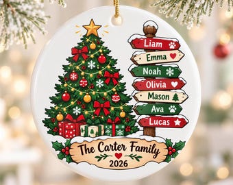Personalized Family Christmas Ornament, Custom Names on Festive Signpost with Christmas Tree and Year, Holiday Keepsake Gift for Parents