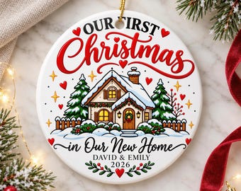 Personalized New Home Christmas Ornament, Our First Christmas Cottage with Names and Year, Housewarming Keepsake Gift for New Homeowners