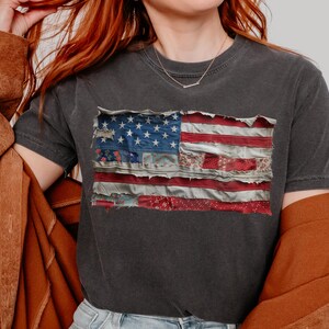 T-shirt patchwork rustique drapeau américain, T-shirt vintage patriotique Freedom pour femme, cadeau du 4 juillet, haut Comfort Colors