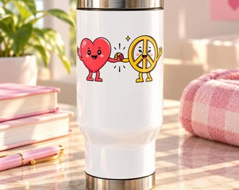 Heart and Peace Sign Travel Mug, Love and Unity Gift, Cute Inspirational Stainless Steel Mug, Friendship Gift for Her