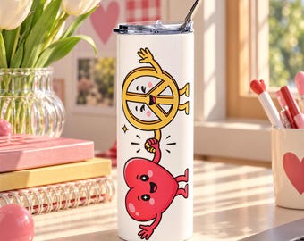 Cute Heart Skinny Tumbler, Smiling Sun Drink Cup, Kawaii Love Gift for Her, Whimsical Character Drinkware, Cheerful Gift