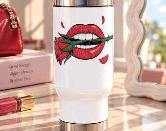 Red Lips and Rose Travel Mug, Gothic Romance Drinkware, Vintage Tattoo Style Gift for Her, Valentines Day Gift for Women