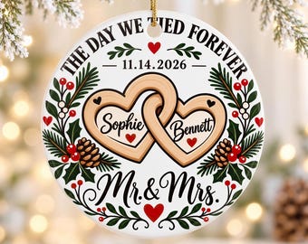 Personalized Wedding Christmas Ornament, Heart Design with Couple Names and Wedding Date, Mr and Mrs Holiday Keepsake Gift for Newlyweds