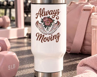 Always Moving Stainless Steel Travel Mug, Retro Sneaker Floral Cup, Gift for Sneaker Lovers, Everyday Motivation Drinkware