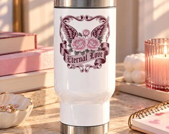 Gothic Rose Stainless Steel Travel Mug, Eternal Love Winged Rose Cup, Romantic Gift for Her, Vintage Dark Romance Drinkware
