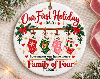 Personalized Family of Four Christmas Ornament, Our First Holiday with Custom Names on Stockings, Keepsake Gift for Parents and New Families
