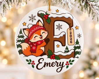 Personalized Fox Initial Christmas Ornament, Woodland Animal Design with Child's Name and Year, Holiday Keepsake Gift for Boys and Girls