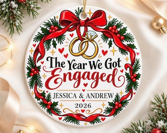 Personalized Engagement Christmas Ornament, The Year We Got Engaged with Names and Year, Red Bow Wreath Keepsake Gift for Engaged Couples