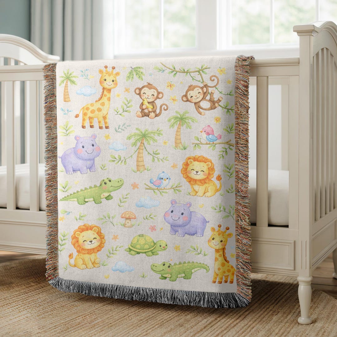 Jungle Animal Baby Blanket Safari Nursery Gift Kids Woven Blanket Cute ...