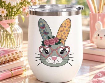 Floral Bunny Wine Tumbler, Cute Rabbit with Heart Glasses, Easter Gift for Her, Whimsical Spring Drinkware, Bunny Lover Gift