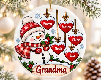 Personalized Grandma Christmas Ornament, Snowman with Grandkids Names on Red Hearts, Custom Family Keepsake Gift from Grandchildren for Nana