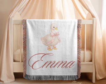 Baby Mädchen Name Decke, personalisierte Ente Kinderzimmer Dekor, benutzerdefinierte rosa Schleife Geschenk, Vintage Ente Babyparty
