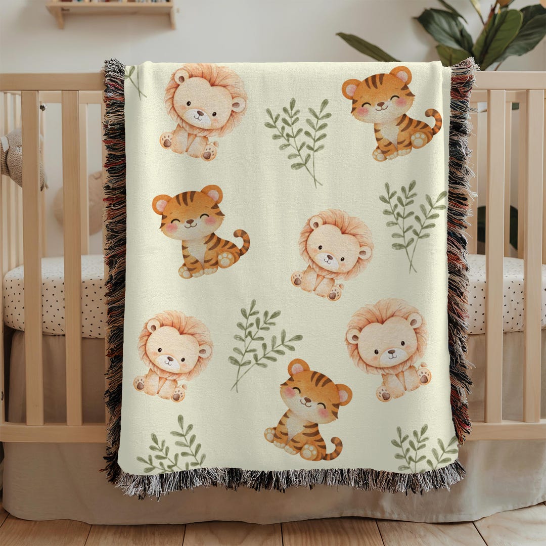 Safari Animal Baby Blanket Jungle Nursery Gift Lion Tiger Kids Woven ...