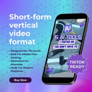 May include: A smartphone displays a graphic with the text "5 AI TOOLS I TESTED SO YOU DON'T HAVE TO." The phone is angled, with a purple and blue background. Text on the left reads "Short-form vertical video format."