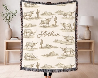 Western Cowboy Baby Blanket Personalized Name Gift Longhorn Nursery Decor Kids Woven Blanket Ranch Baby Shower Gift