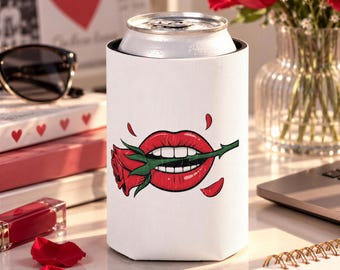 Rose and Lips Can Cooler, Romantic Drink Sleeve, Gothic Valentine Gift, Alternative Girlfriend Gift, Edgy Floral Love Accessory