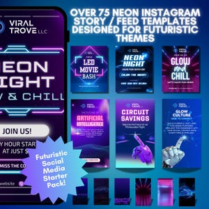 May include: A promotional graphic for social media templates. The image features a phone displaying a neon-themed design with the text "Neon Night" and "Glow and Chill." Additional templates showcase futuristic themes, with text like "Artificial Intelligence" and "Circuit Savings."