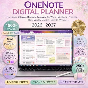 OneNote Digital Planner 2026–2027, Hyperlinked Ultimate OneNote Template for Work, Meetings, Projects, Daily Weekly Monthly, ADHD, Windows