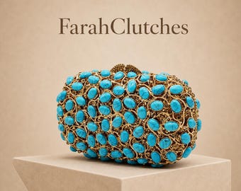 Turquoise Stone Evening Clutch Bag | Luxury Gold Crystal Handbag | Elegant Wedding & Party Purse | FarahClutches