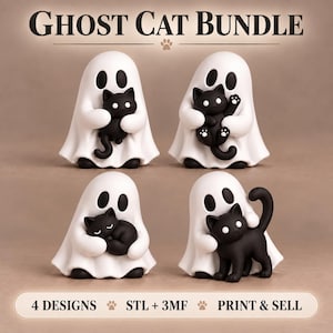 Spökkatt STL-paket | 4 söta Halloween 3D-utskriftsfiler | Spök- och kattfigurer | AMS 3MF + STL | Kommersiell licens