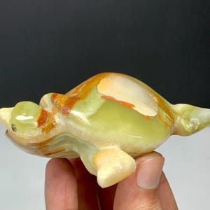 May include: A polished stone turtle figurine carved from banded onyx. The sculpture features a smooth, translucent surface with swirling patterns of pale green, cream, and burnt orange. The turtle is depicted in a swimming pose with extended flippers.