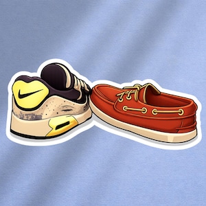 May include: Illustration of two shoes: a black, tan, and yellow trainer with a Nike logo and a red boat shoe with tan laces. The shoes are set against a light blue background.