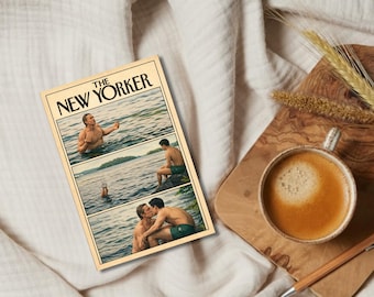 以下が含まれることがあります： 上部に「THE NEW YORKER」の文字が記された長方形のプリント。緑色の水着を着用した上半身裸の2人が湖で交流する様子が3つのパネルに描かれており、泳ぐシーン、岩に座るシーン、水中でキスをするシーンが含まれています。