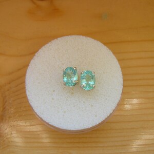 May include: A pair of oval-shaped earrings with light blue gemstones set in silver.