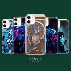 May include: Five clear phone cases with anime-style illustrations of a blue-haired female character. The cases display various poses and colour schemes. The logo "MI & CO COVERS" is visible at the bottom.