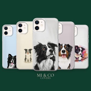 May include: Five phone cases with Border Collie dog portraits. Each case has a different dog illustration, with varying colors and poses. The cases are displayed against a dark green background, with the brand name "MI & CO COVERS" at the bottom.