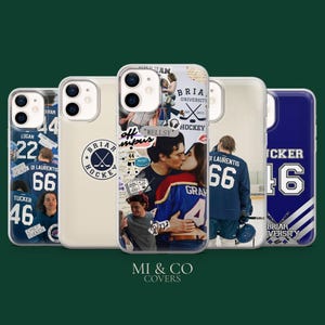 May include: A collection of clear phone cases with various designs. Some cases feature hockey-themed graphics, player numbers, and the text "Briar University Hockey." Other cases display collages of images and text, including the text "MI & CO COVERS."
