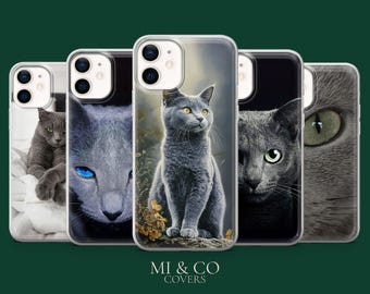 Russian Blue Phone Case Gray Cat Cute Cover for iPhone 17Pro, 16, 15, 14, 13, 12, Samsung S25, S24, S23Fe, S22, A17, A26, A56, Pixel 10, 9