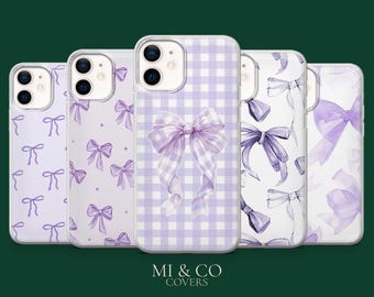 Purple Ribbon Phone Case Bow Girly Cover for iPhone 17Pro, 16, 15, 14, 13, 12, Samsung S25, S24, S23Fe, S22, A17, A26, A56, Pixel 10, 9