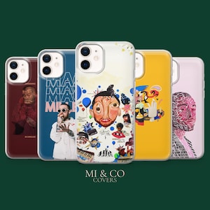 May include: A collection of five phone cases with unique artistic designs. The cases feature various illustrations, including portraits, abstract art, and text. The cases are in a row, showcasing a variety of colors and styles, with the brand name "MI & CO COVERS" at the bottom.
