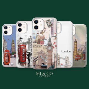 Può includere: Custodie per telefono con immagini di Londra. I design includono cabine telefoniche rosse, il Big Ben, il Tower Bridge e autobus a due piani. Le custodie sono bianche, blu e beige.