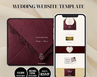Plantilla web de boda color burdeos en Canva / Invitación de boda digital con confirmación de asistencia / Descarga instantánea