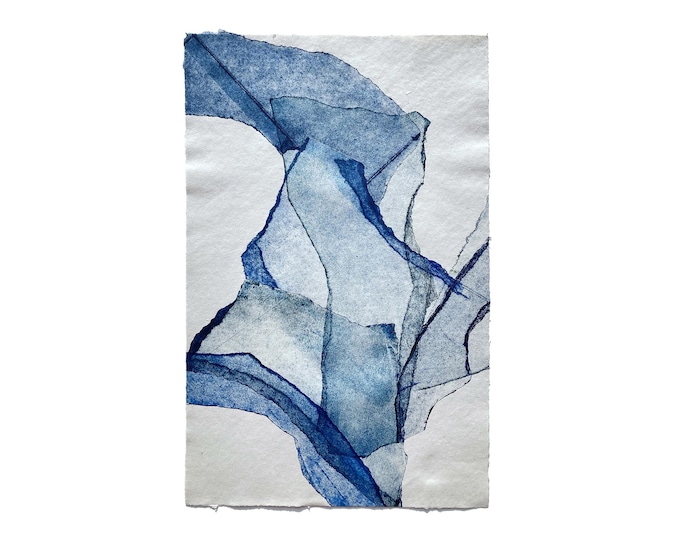 Improvisation in blue | Monoprint on handmade recycled linen paper | 11.5 x 18 inches