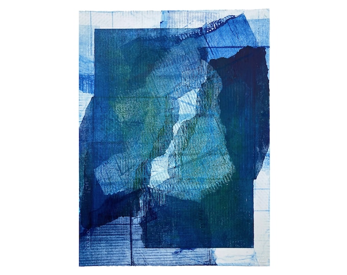 Original Monoprint | Blue Green Abstract Art | Multi Layer Print w/ Cardboard Fragments | 22.5 x 30 inches