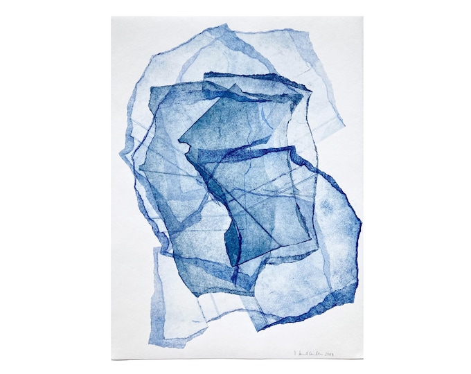 Blue Wind of Morning (improvisation with fragments) | Original Monoprint | 22 x 30 inches
