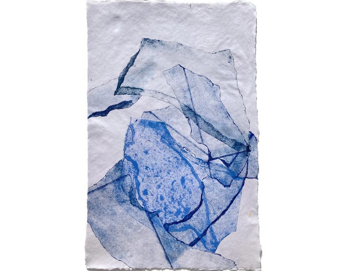 Improvisation in blue | Monoprint on handmade recycled linen paper | 11.5 x 18 inches