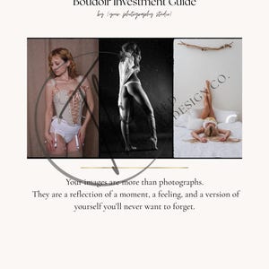 Op de afbeelding: Een boudoir fotografie gids met drie afbeeldingen. De gids bevat de tekst "Boudoir Investment Guide" en "Uw afbeeldingen zijn meer dan foto's." De afbeeldingen tonen vrouwen in lingerie. Contactgegevens zijn ook opgenomen.
