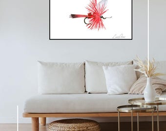 Impresión artística de mosca roja de 5 x 7: pintura acrílica sin marco