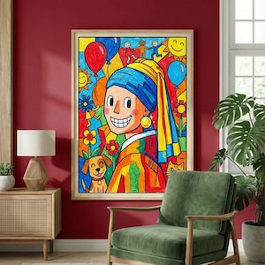 Könnte beinhalten: Ein farbenfrohes, gerahmtes Kunstwerk mit einer skurrilen Interpretation einer Frau mit blauem Kopftuch und einem breiten Lächeln. Der Hintergrund ist mit Ballons, Blumen und lächelnden Gesichtern gefüllt. Das Kunstwerk hat einen cartoonartigen Stil und leuchtende Farben.